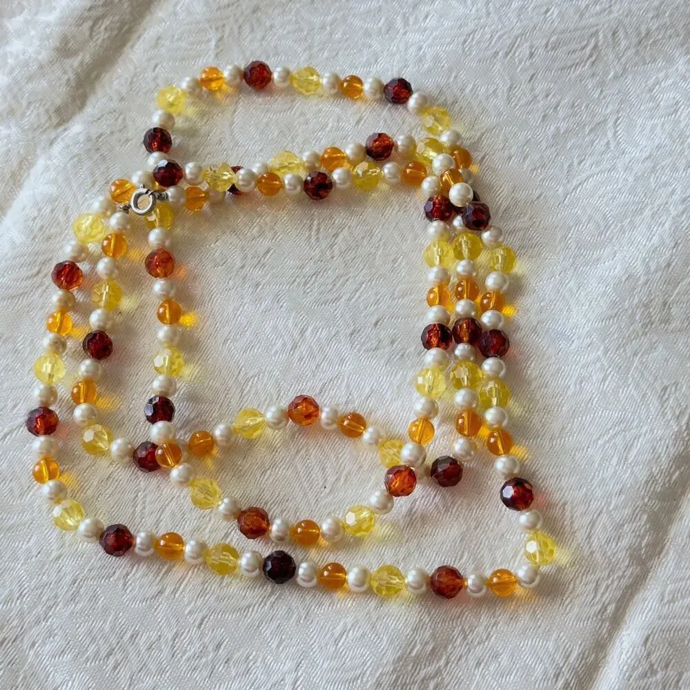 26” Acrylic Honey Yellow and Brown Beaded Necklace Faux Pearl Spacers VNTG 60’s